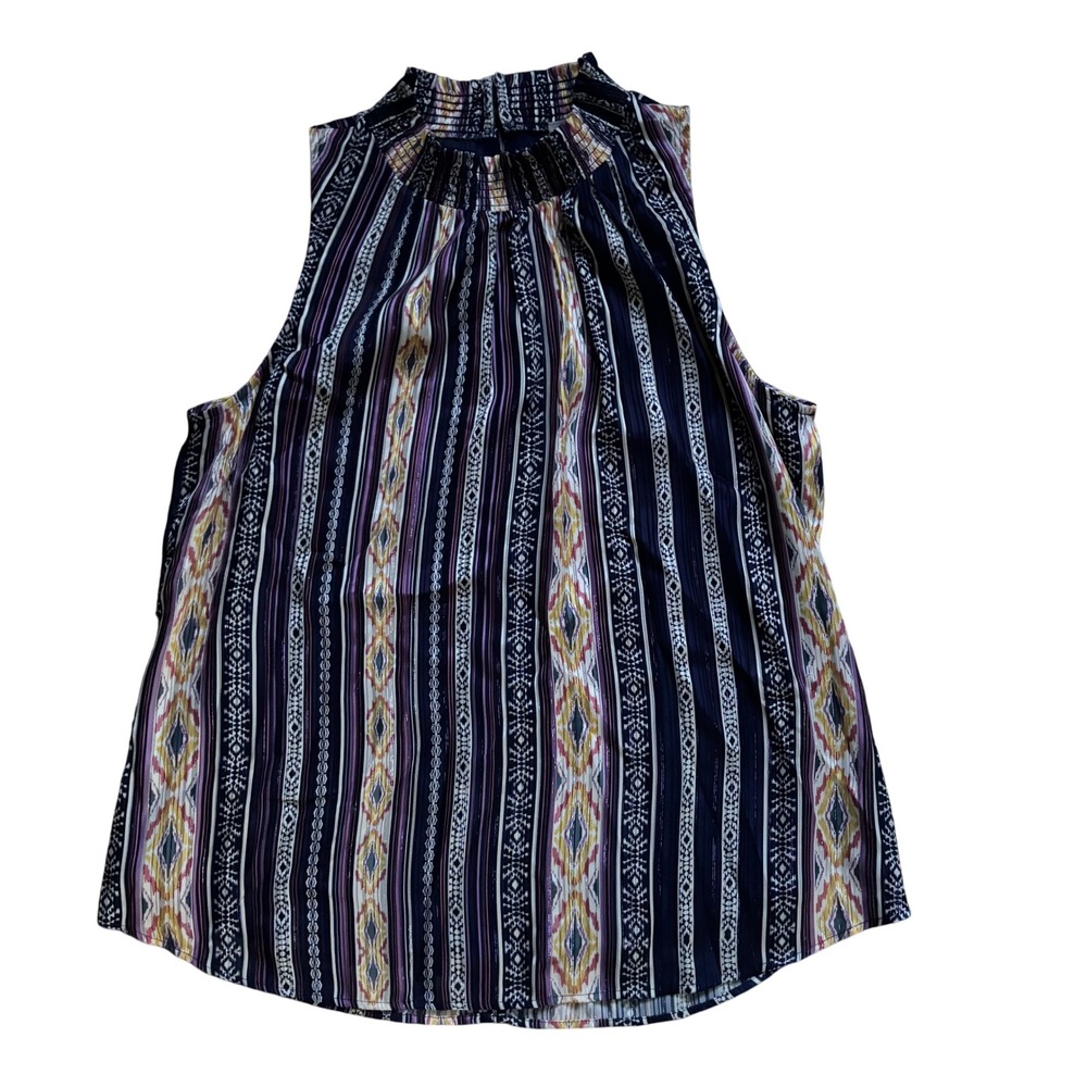 Daniel Rainn Halter Top‎ Large Navy Tribal Print Metallic Smocked Mock Neck